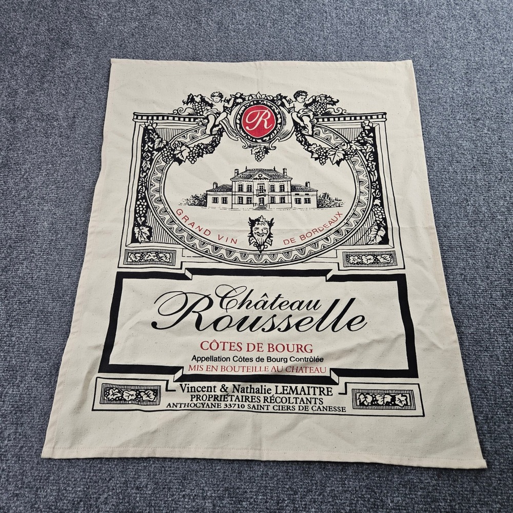 Chateau Rousselle Tea Towel Cream Black Wine Label French Cream Bordeaux Decor‎